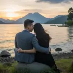paket wisata danau toba: "Pasangan menikmati suasana romantis di tepi Danau Toba dengan pemandangan indah."