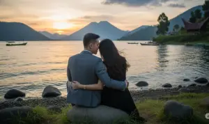 paket wisata danau toba: "Pasangan menikmati suasana romantis di tepi Danau Toba dengan pemandangan indah."