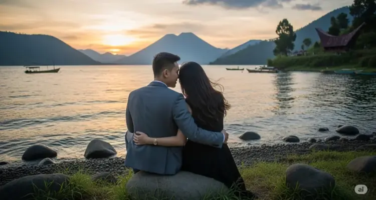 paket wisata danau toba: "Pasangan menikmati suasana romantis di tepi Danau Toba dengan pemandangan indah."