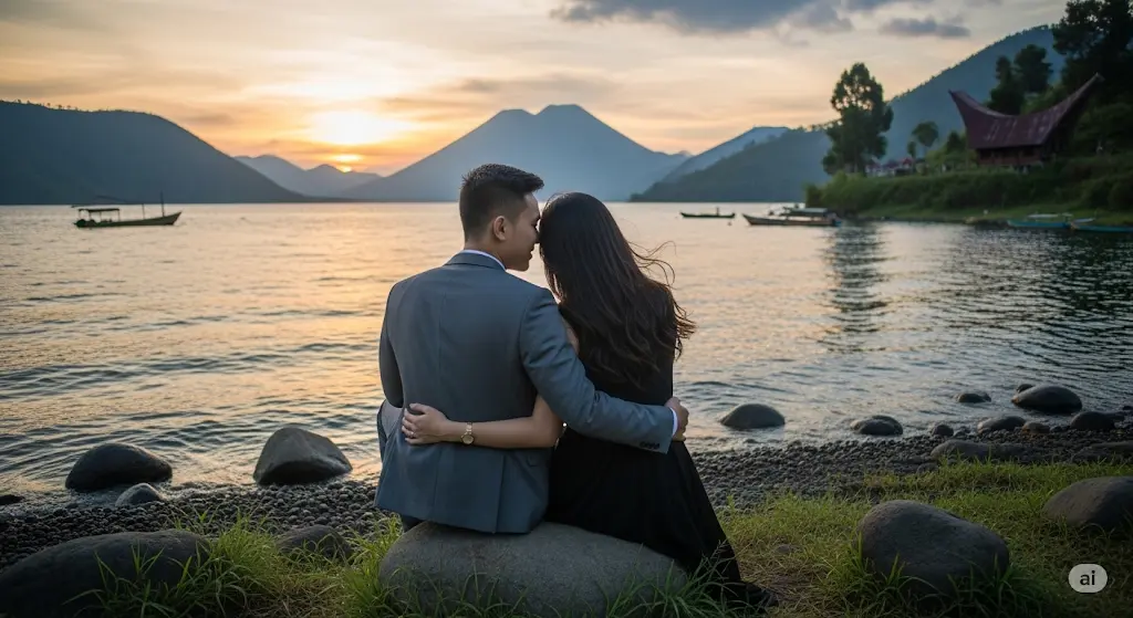 paket wisata danau toba: "Pasangan menikmati suasana romantis di tepi Danau Toba dengan pemandangan indah."